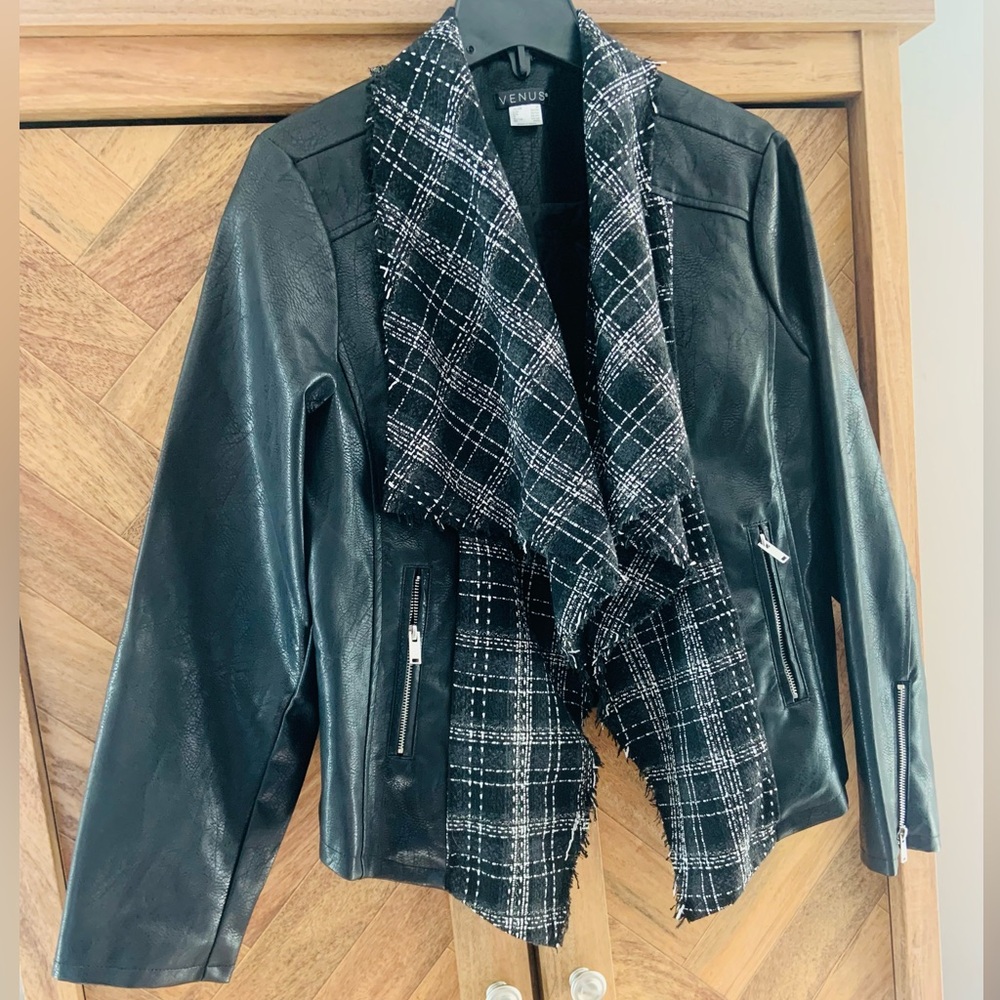 Black Leather Jacket with Plaid Accents